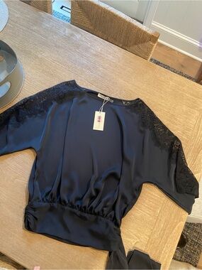 Ramy Brook Black Satin Top with Lace Accent